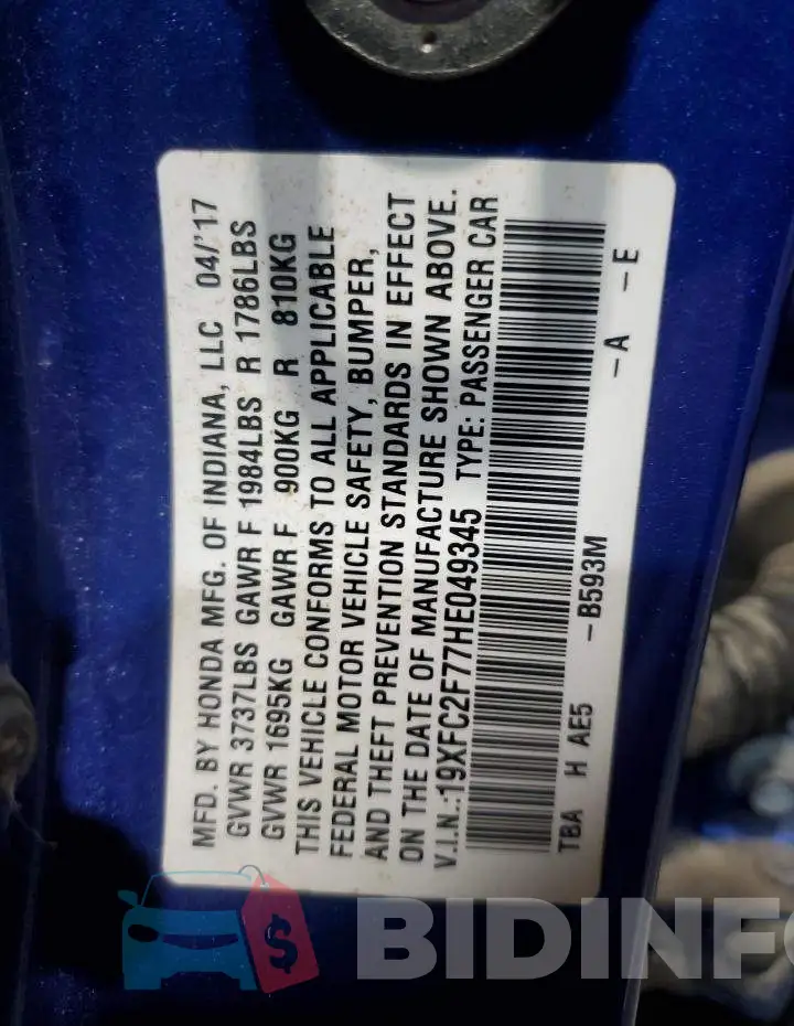19XFC2F77HE049345 Photo# 12
