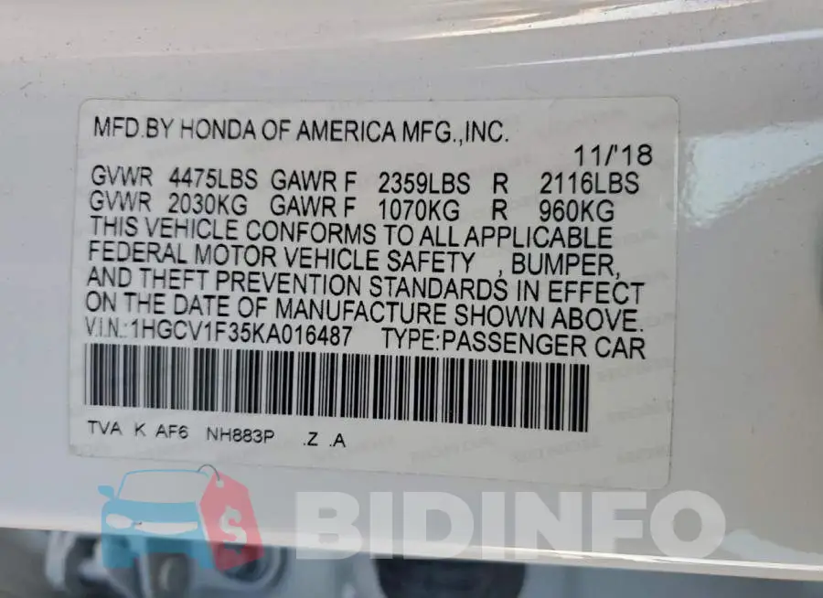 1HGCV1F35KA016487 Photo# 12