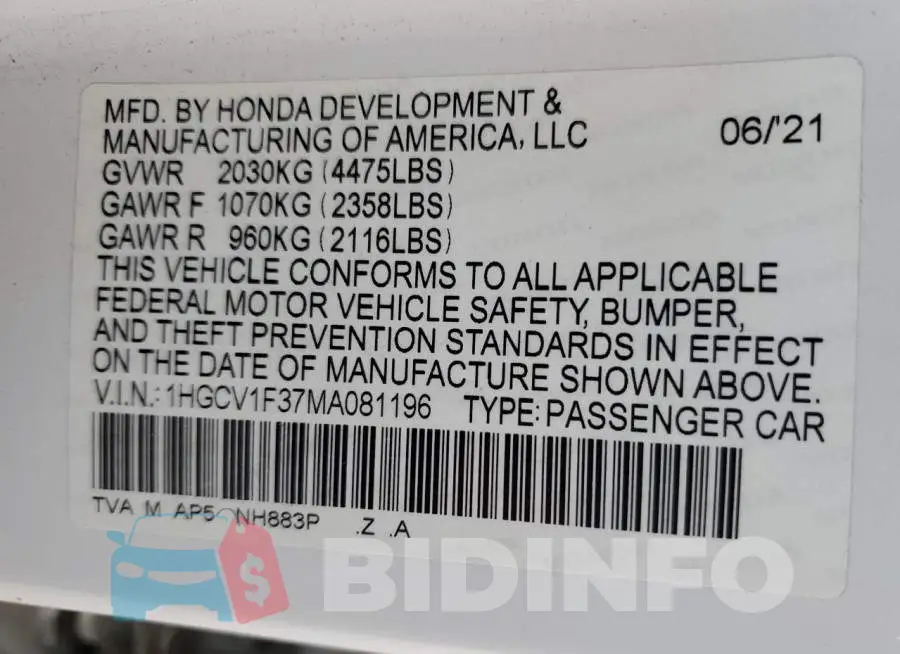 1HGCV1F37MA081196 Photo# 12