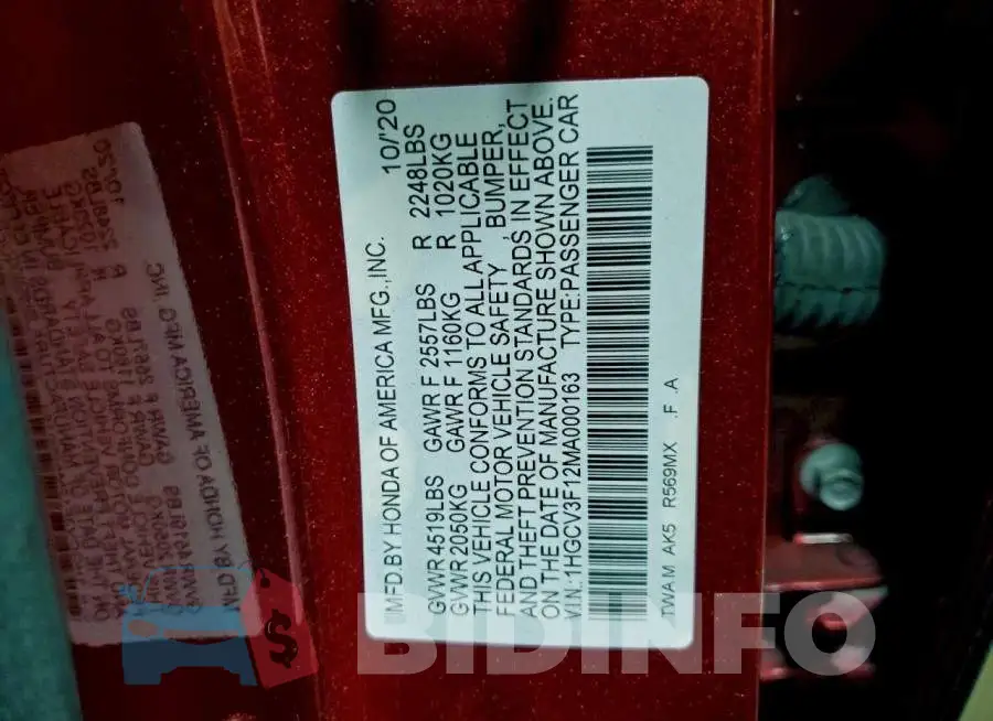 1HGCV3F12MA000163 Photo# 12