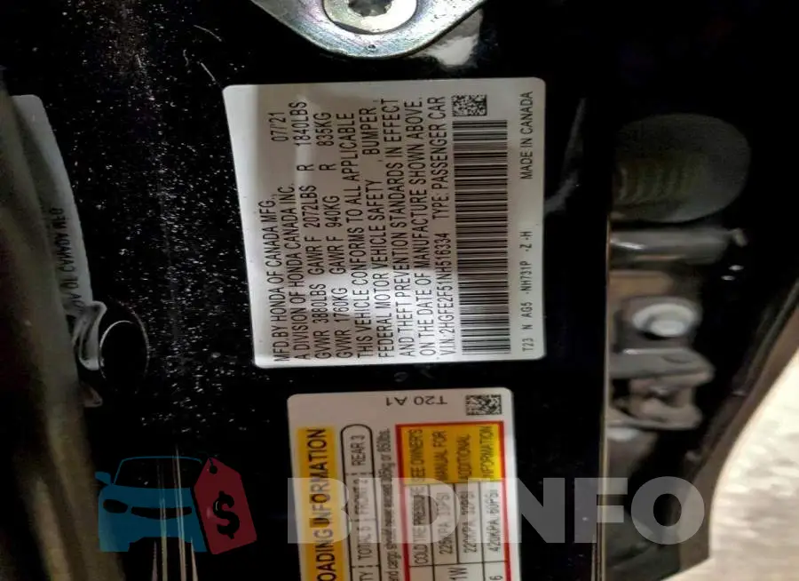 2HGFE2F51NH516334 Photo# 12