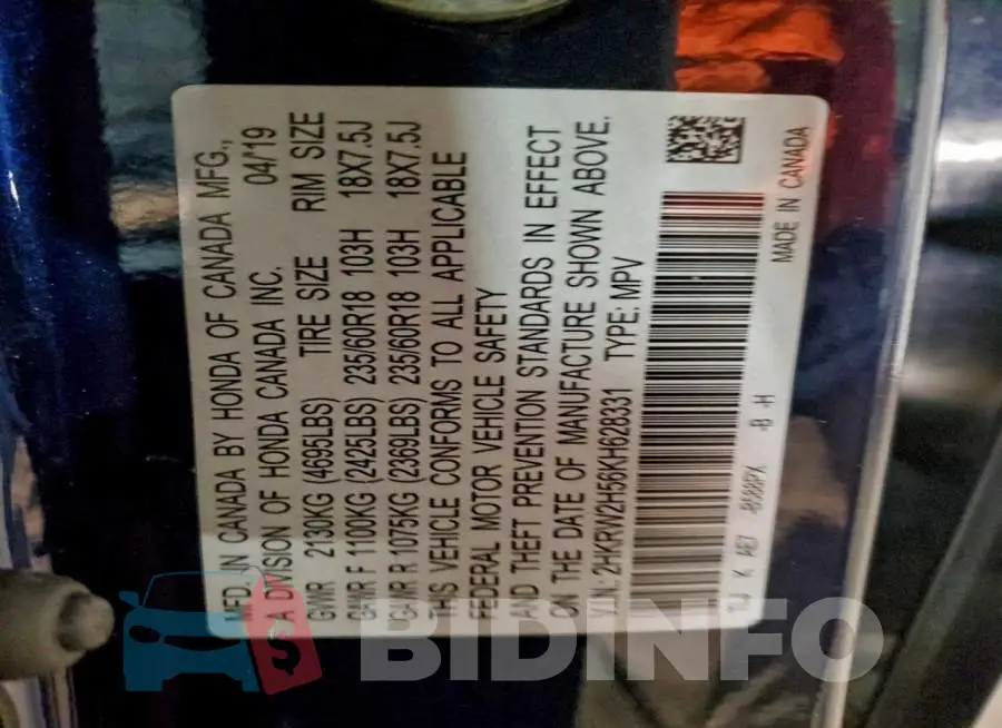 2HKRW2H56KH628331 Photo# 13