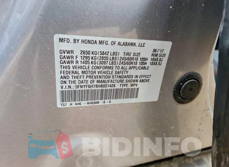 5FNYF6H78HB051426 Photo# 13