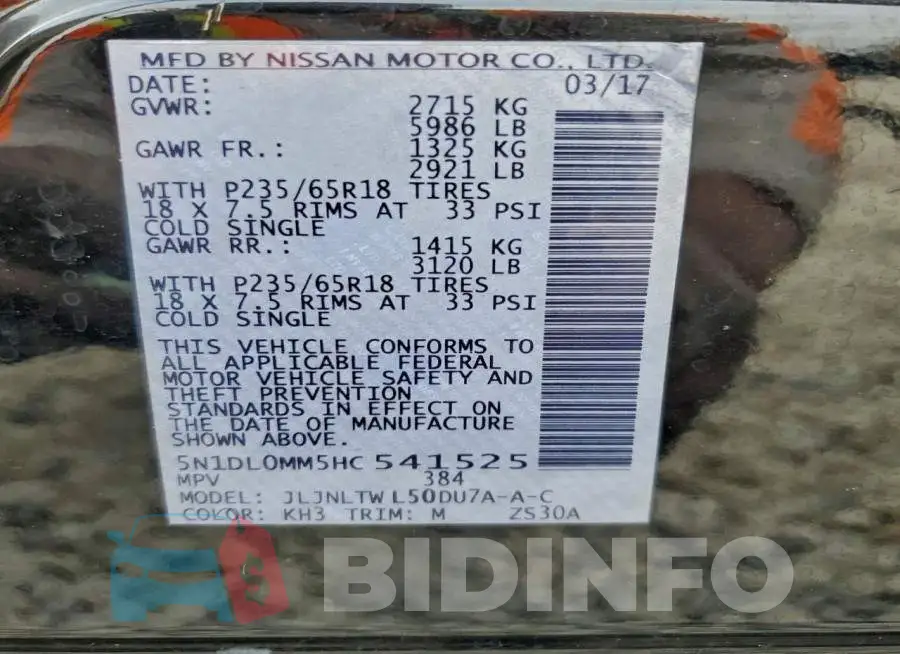 5N1DL0MM5HC541525 Photo# 13