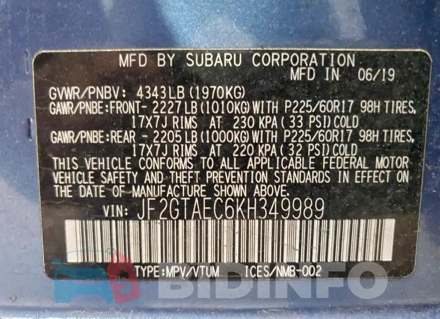 JF2GTAEC6KH349989 Photo# 13