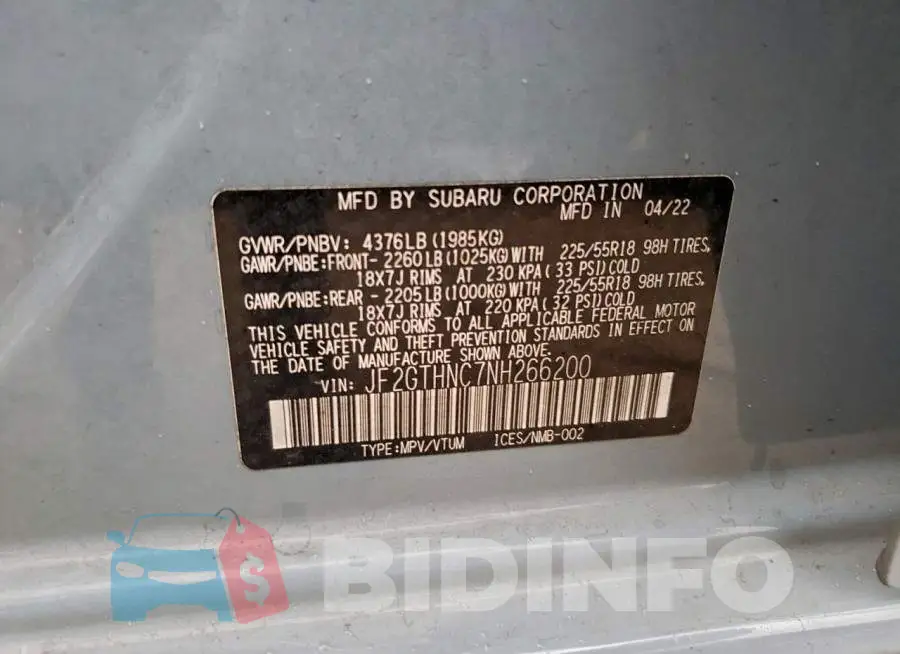 JF2GTHNC7NH266200 Photo# 12