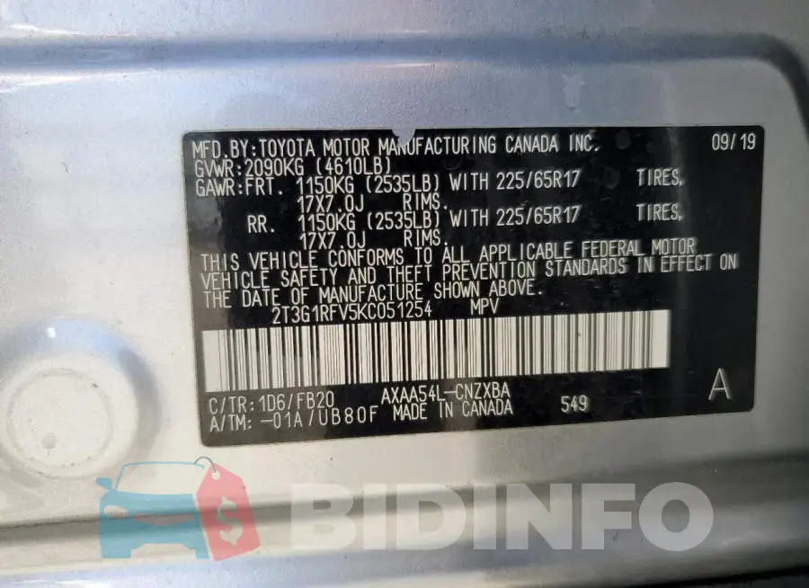 2T3G1RFV5KC051254 Photo# 13
