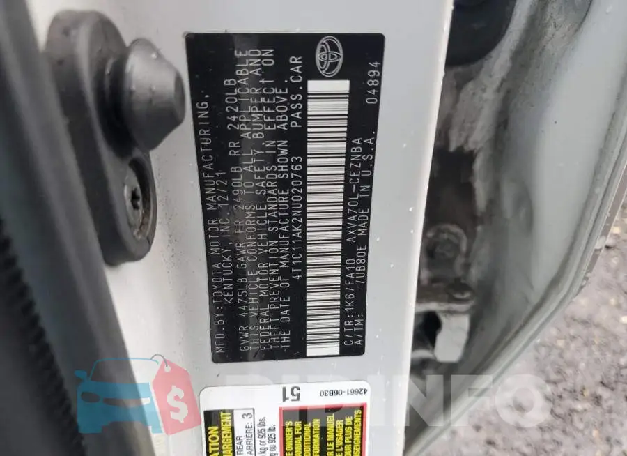4T1C11AK2NU020763 Photo# 12