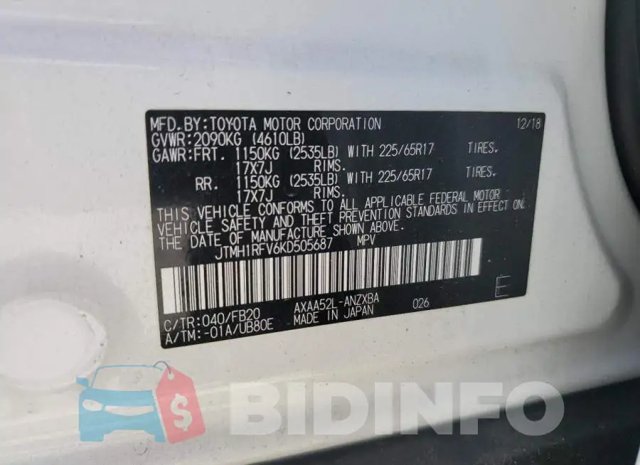 JTMH1RFV6KD505687 Photo# 13