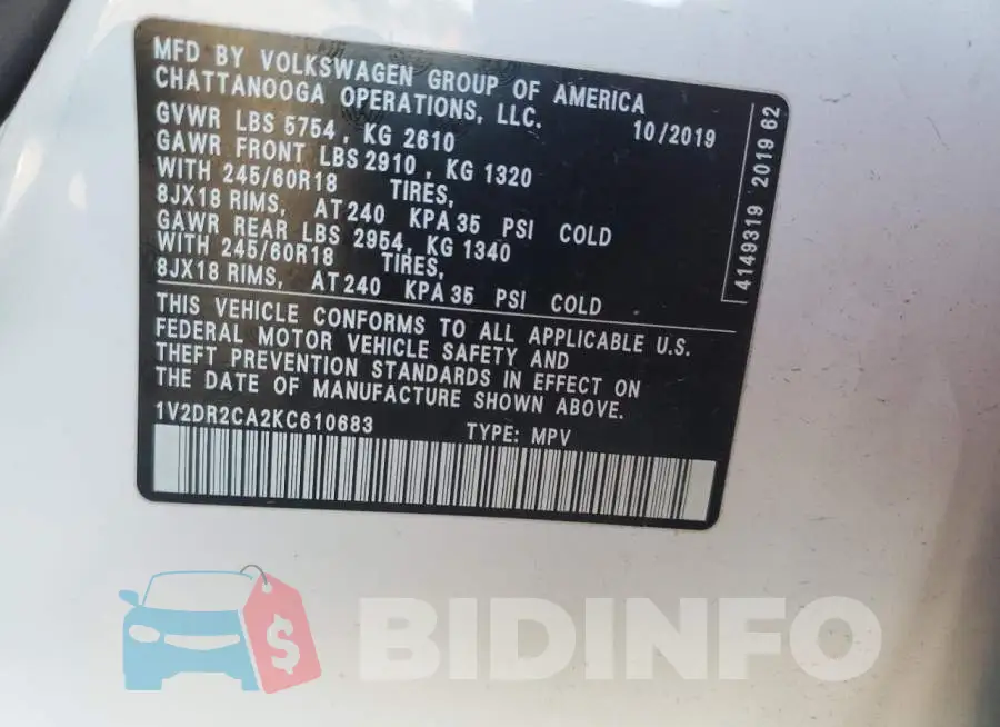 1V2DR2CA2KC610683 Photo# 12
