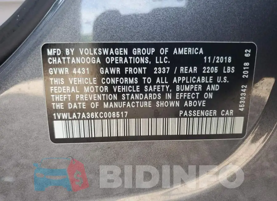 1VWLA7A36KC008517 Photo# 12