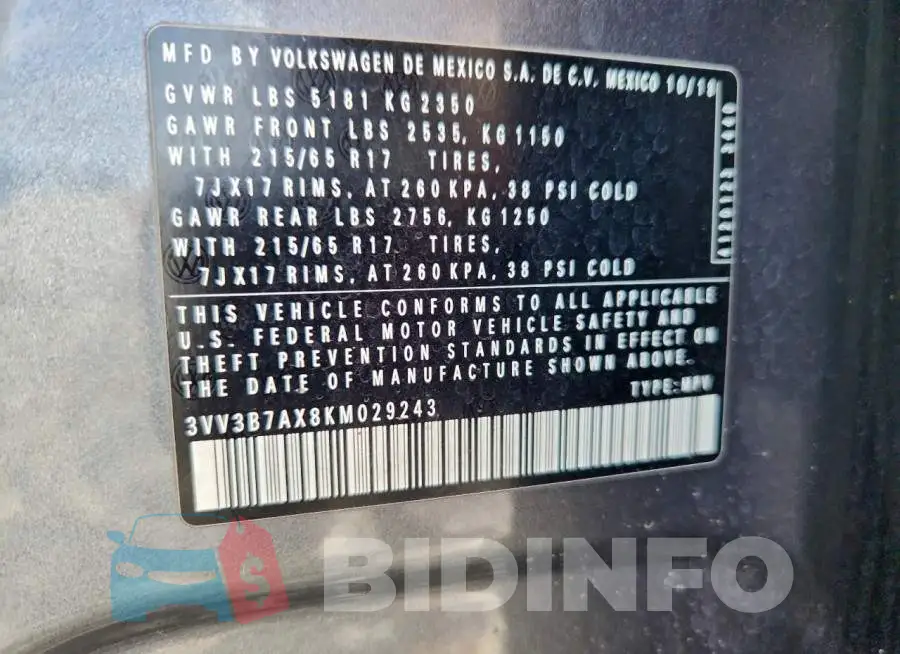 3VV3B7AX8KM029243 Photo# 13