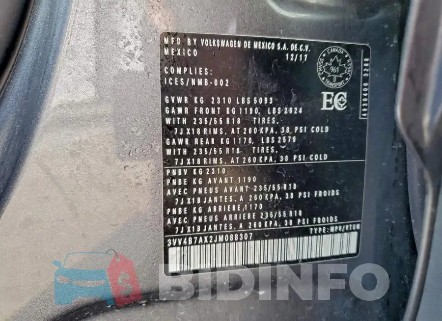 3VV4B7AX2JM088307 Photo# 13