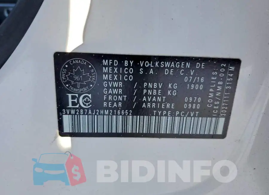 3VW2B7AJ2HM216652 Photo# 12