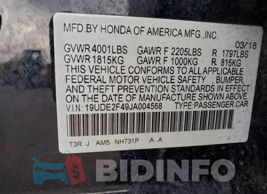 19UDE2F49JA004568 Photo# 13