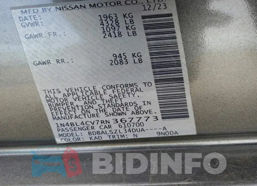 1N4BL4CV7RN367773 Photo# 13