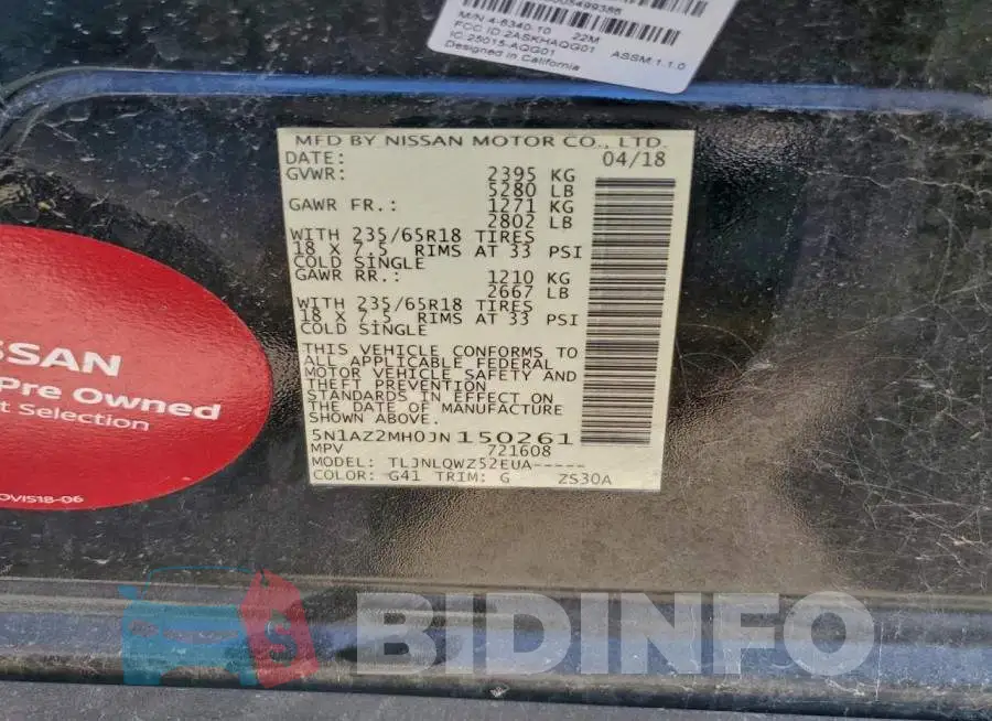 5N1AZ2MH0JN150261 Photo# 12