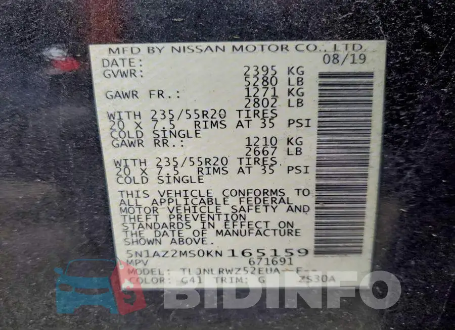 5N1AZ2MS0KN165159 Photo# 13