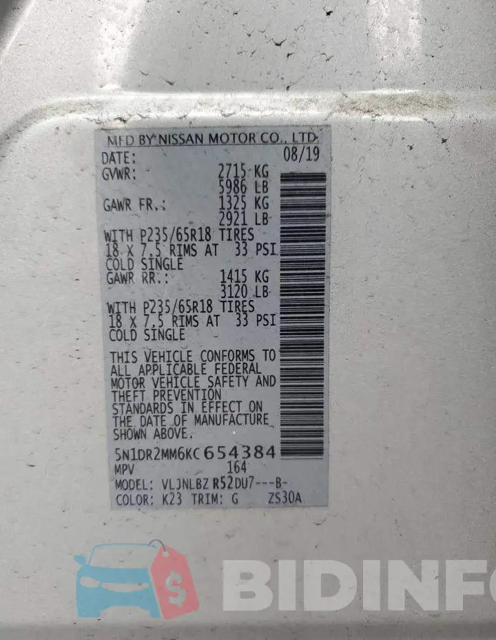 5N1DR2MM6KC654384 Photo# 14