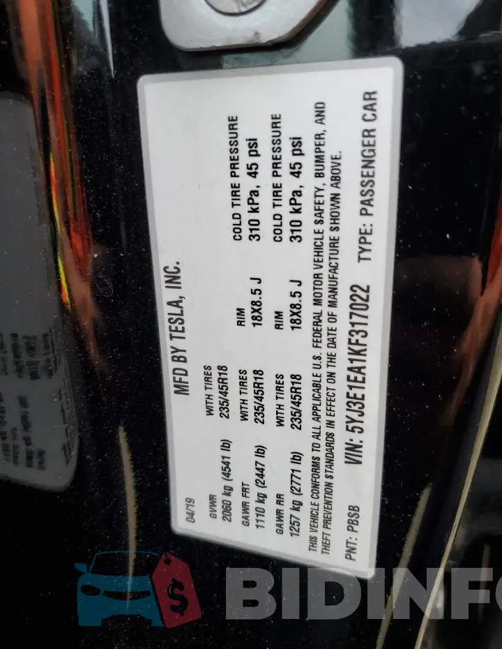 5YJ3E1EA1KF317022 Photo# 12