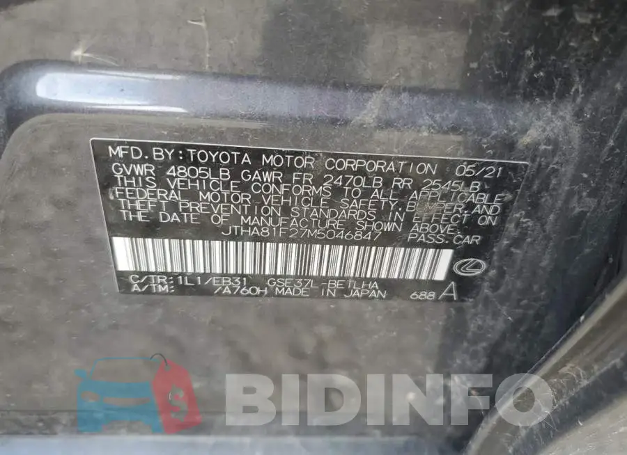 JTHA81F27M5046847 Photo# 12