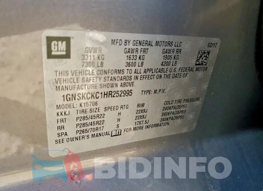 1GNSKCKC1HR252995 Photo# 13