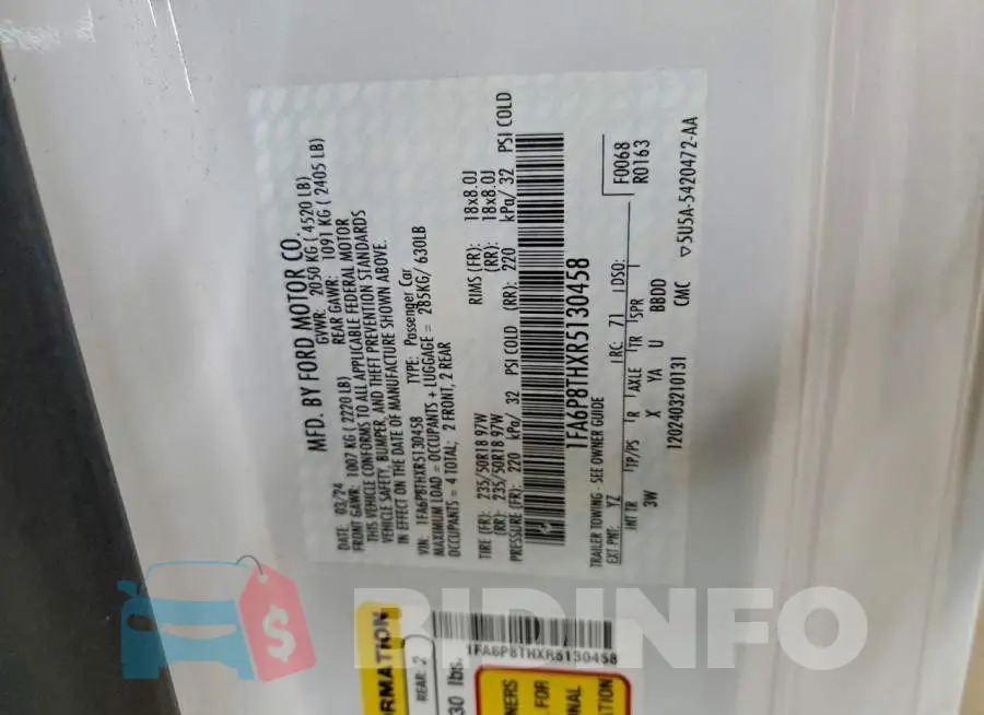 1FA6P8THXR5130458 Photo# 12