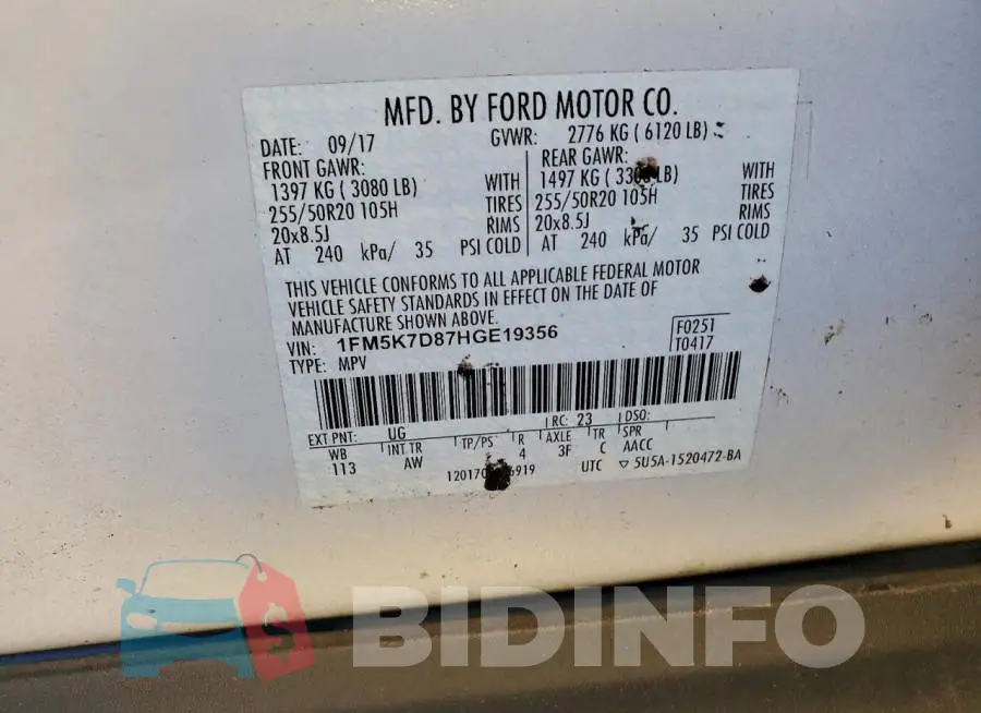 1FM5K7D87HGE19356 Photo# 13