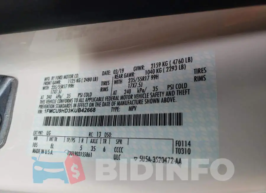 1FMCU9HD3KUB42668 Photo# 13