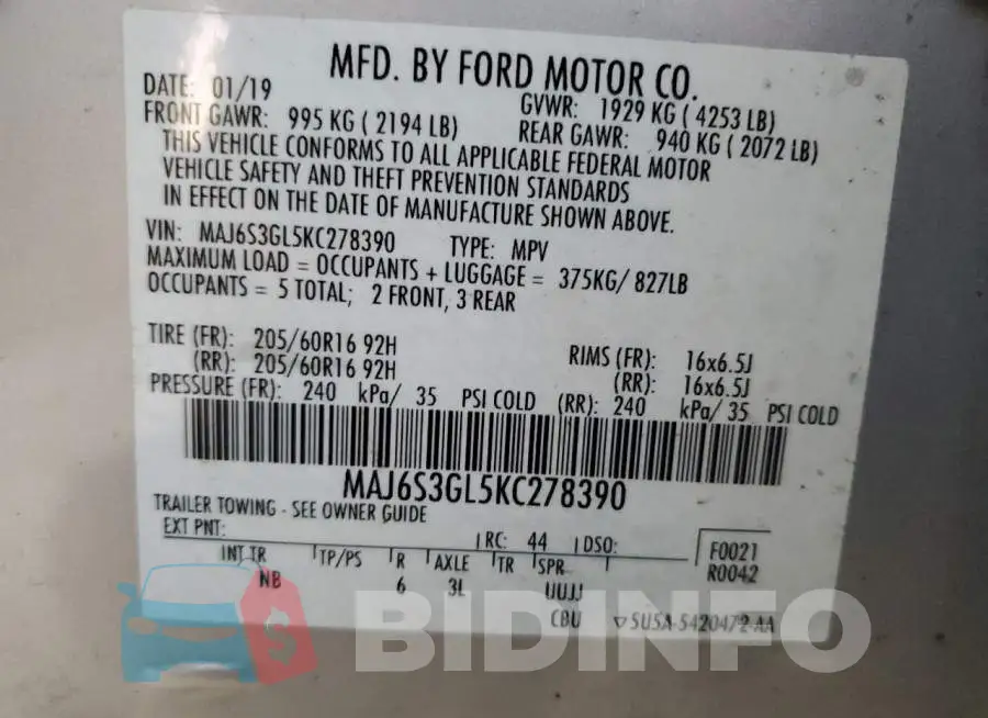 MAJ6S3GL5KC278390 Photo# 14