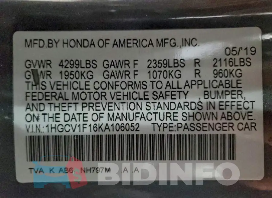 1HGCV1F16KA106052 Photo# 13