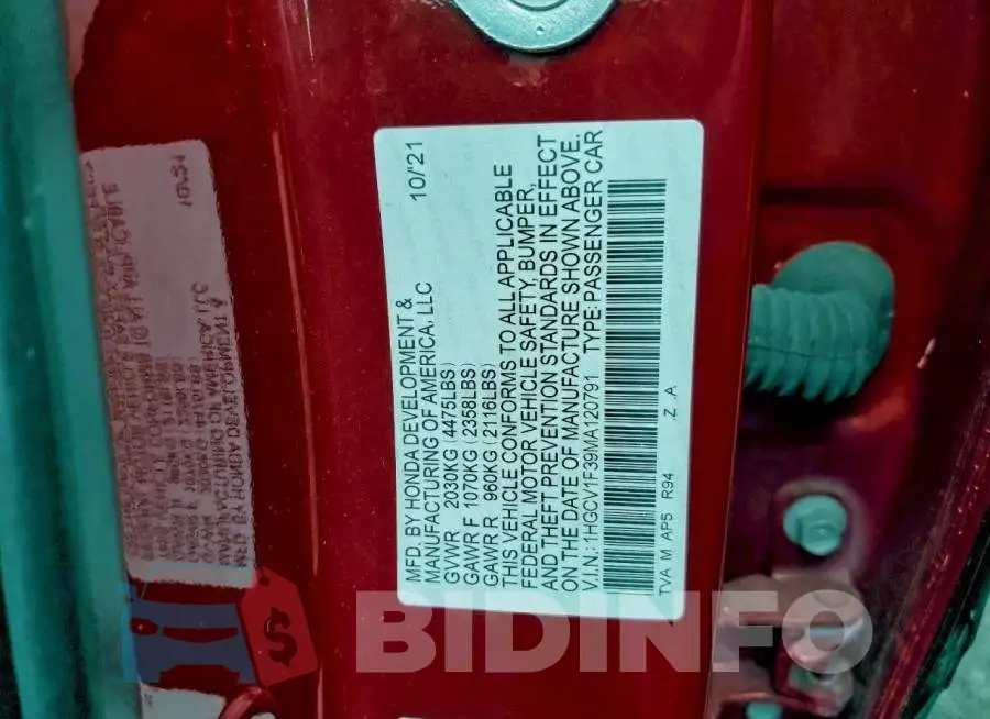1HGCV1F39MA120791 Photo# 13
