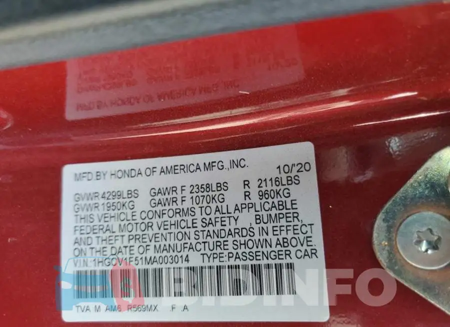 1HGCV1F51MA003014 Photo# 12