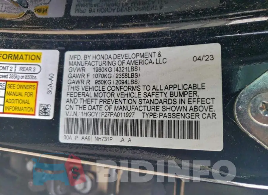 1HGCY1F27PA011927 Photo# 12