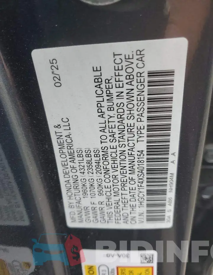1HGCY1F4XSA018154 Photo# 12