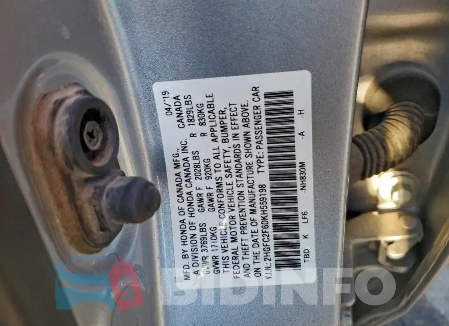 2HGFC2F60KH559198 Photo# 12