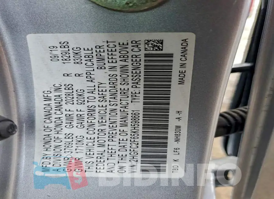 2HGFC2F65KH598661 Photo# 12