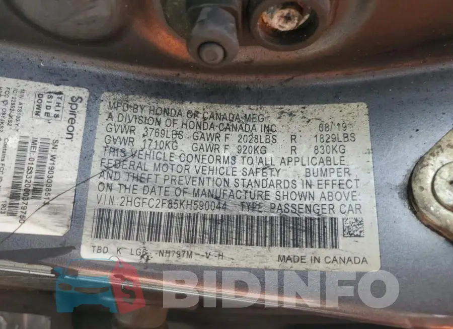 2HGFC2F85KH590044 Photo# 12
