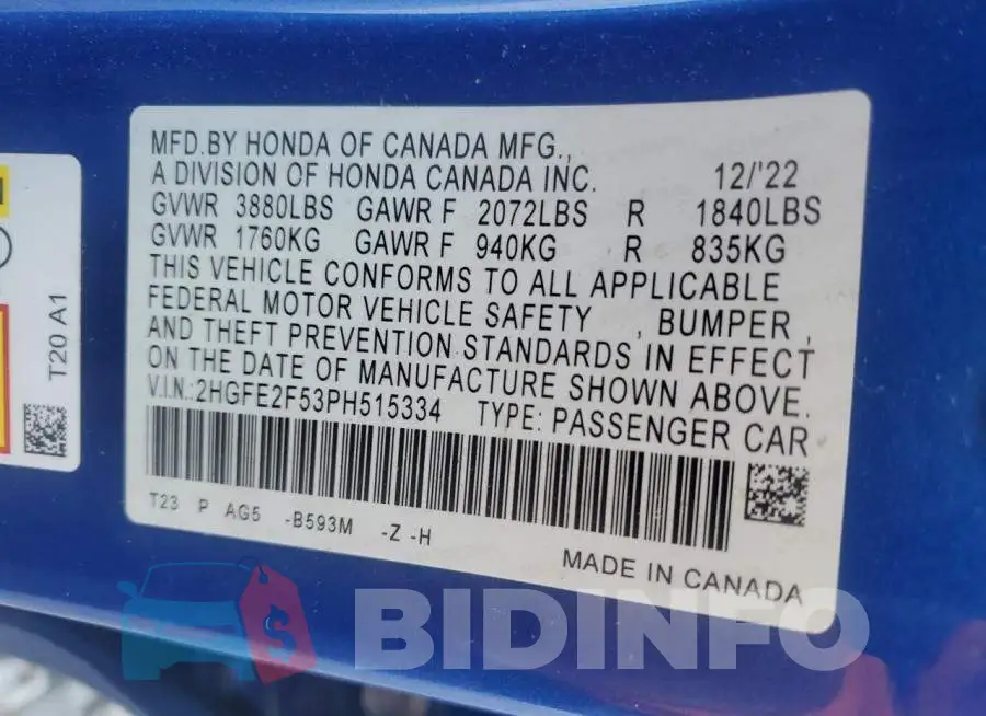 2HGFE2F53PH515334 Photo# 12