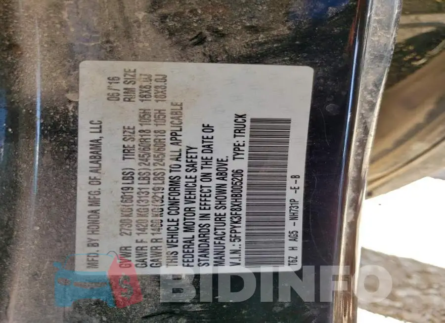 5FPYK3F8XHB005206 Photo# 12