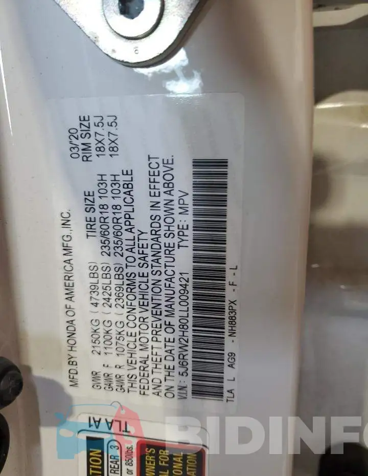 5J6RW2H80LL009421 Photo# 13