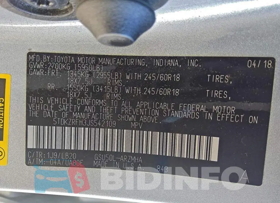 5TDKZRFH3JS542109 Photo# 13