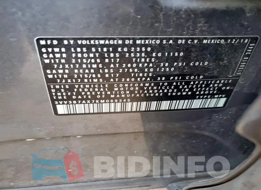 3VV3B7AX7KM069345 Photo# 13