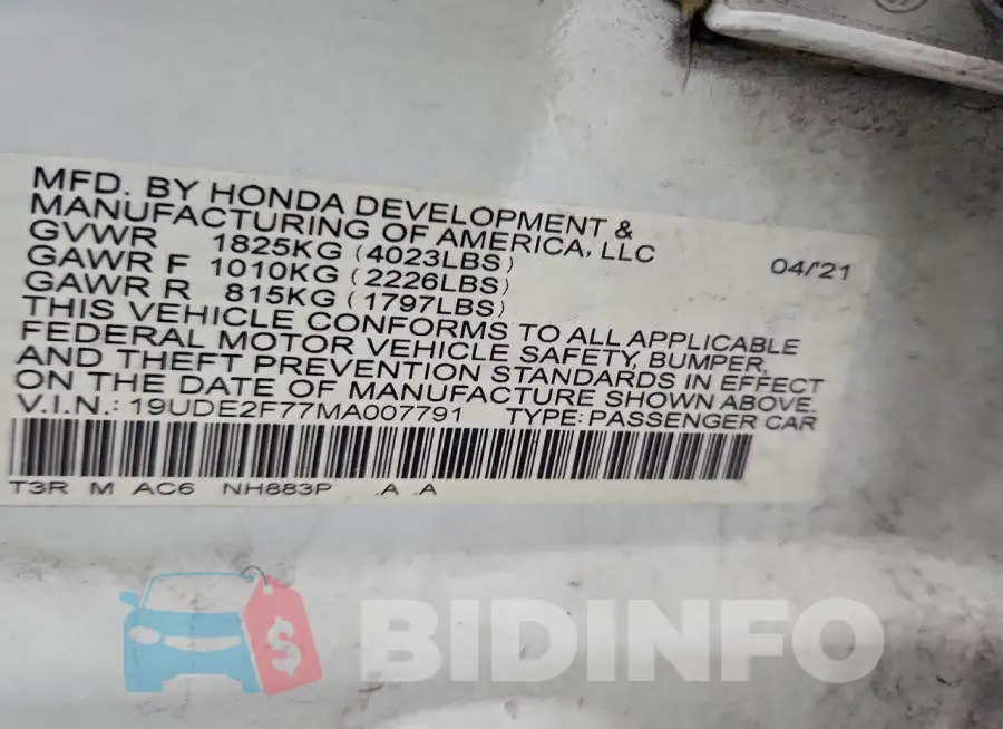 19UDE2F77MA007791 Photo# 13