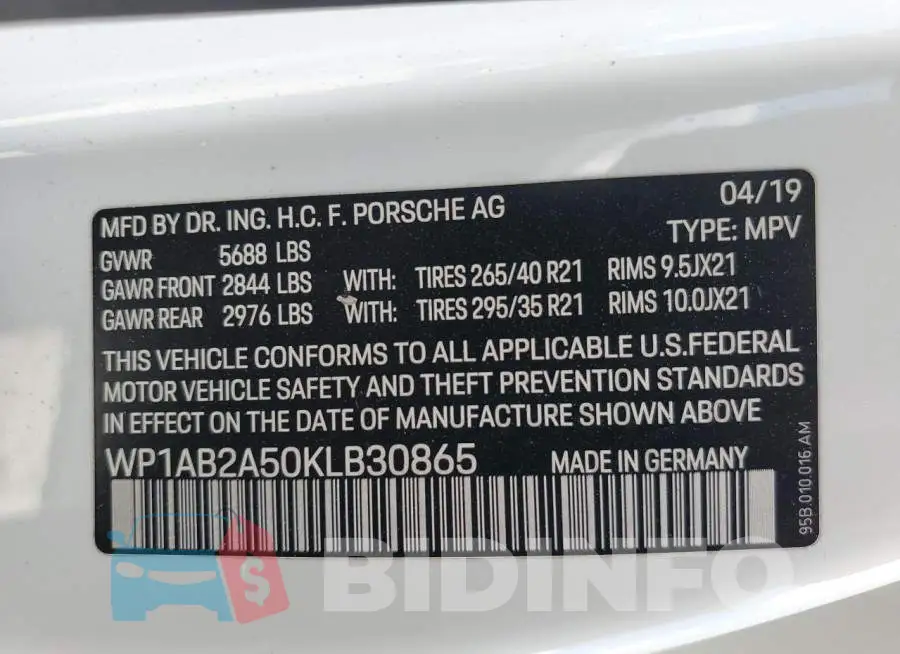 WP1AB2A50KLB30865 Photo# 13