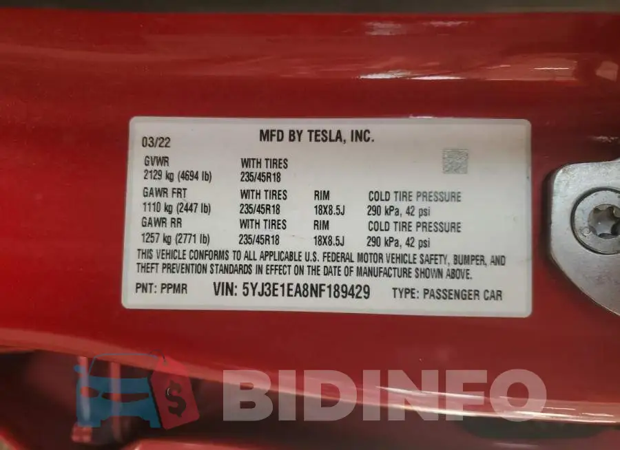 5YJ3E1EA8NF189429 Photo# 13