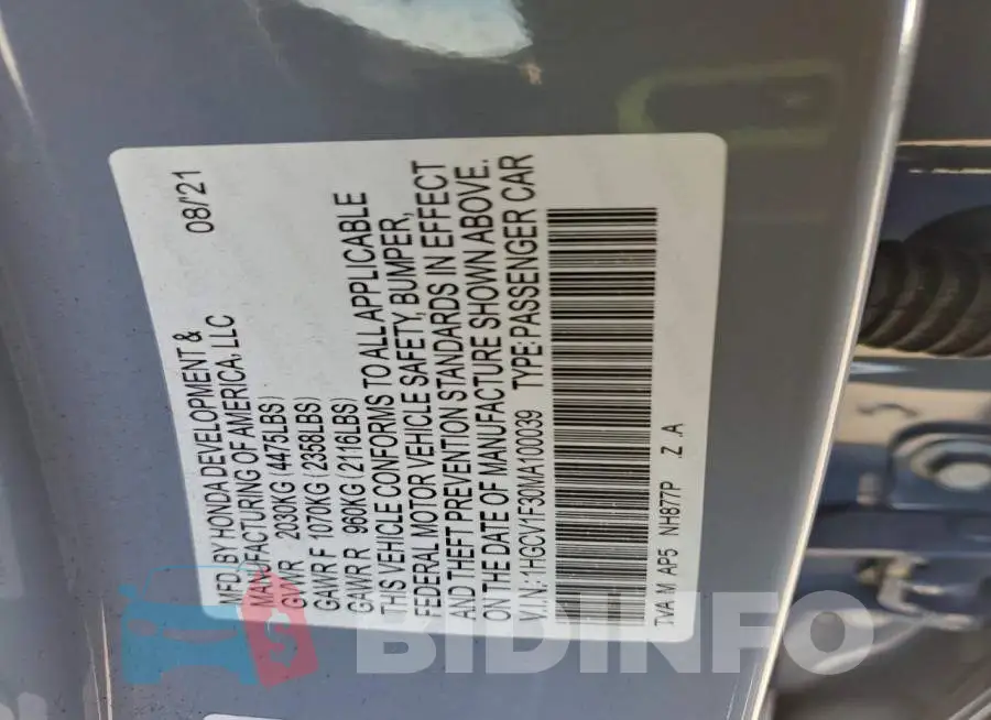 1HGCV1F30MA100039 Photo# 12