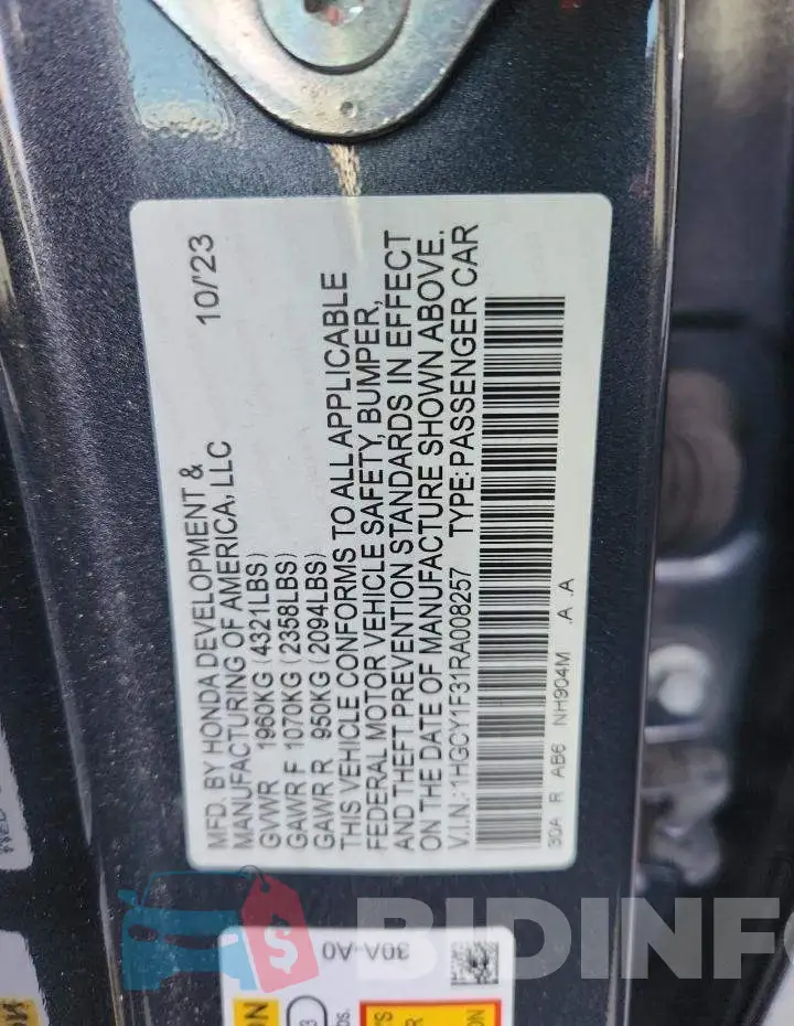 1HGCY1F31RA008257 Photo# 12
