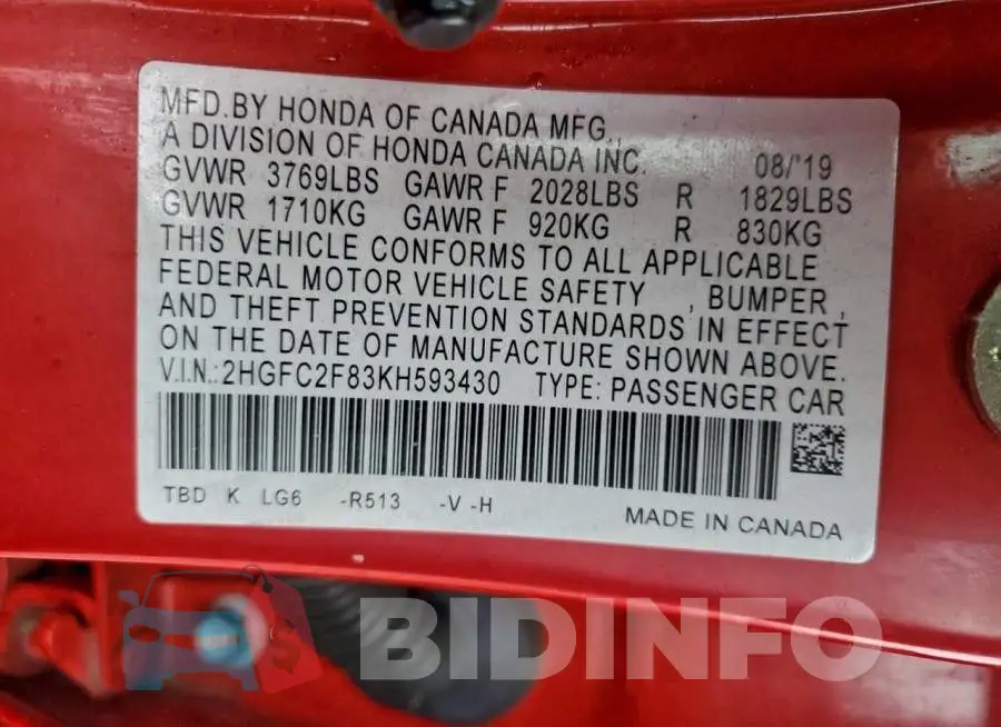 2HGFC2F83KH593430 Photo# 12