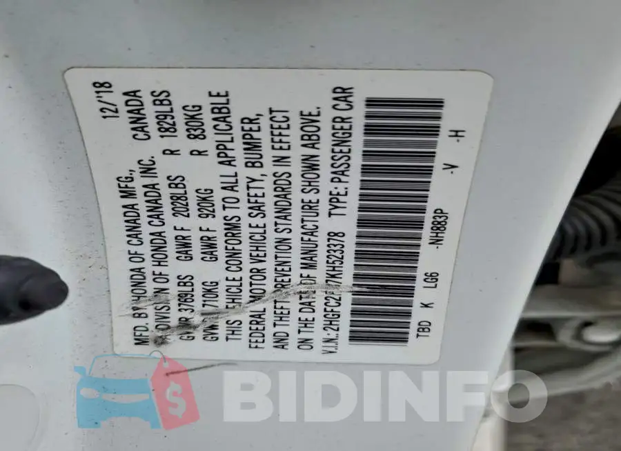 2HGFC2F87KH523378 Photo# 12